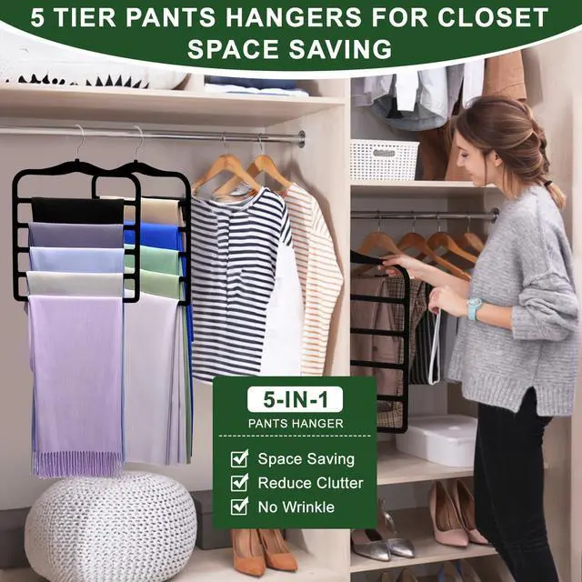 Alt view image 6 of 7 - Closet Organizers and Storage, 3 Pack Velvet Pants-Hangers-Space-Saving | Non Silp 5 Tier Scarf Jeans Closet Organizer, Dorm Room Essentials for College Students Girls Boys Guys, Home Storage