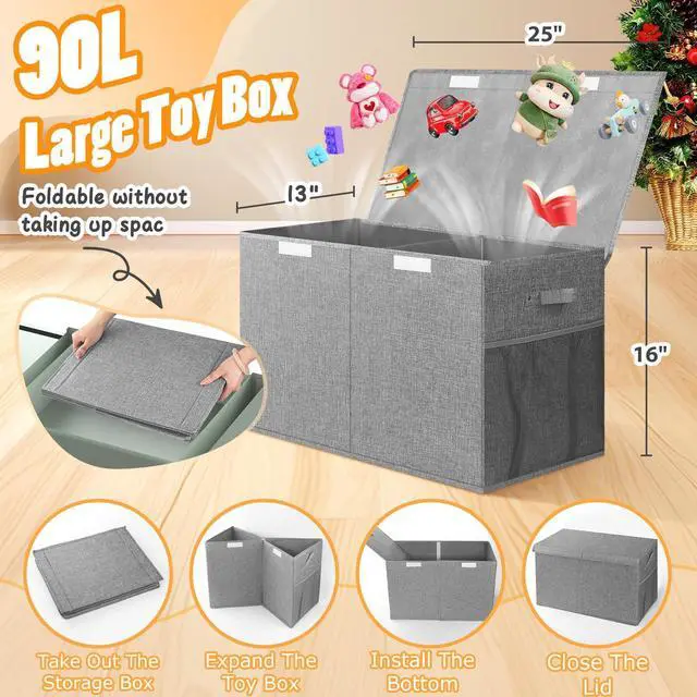 Alt view image 2 of 7 - Large Toy Storage Box with Lid & Dividers, Collapsible Kids Toy Chest, Gray | Toy Box for Boys, Girls, Nursery, Bedroom, Living Room, Playroom, 25 x 13 x 16 inches