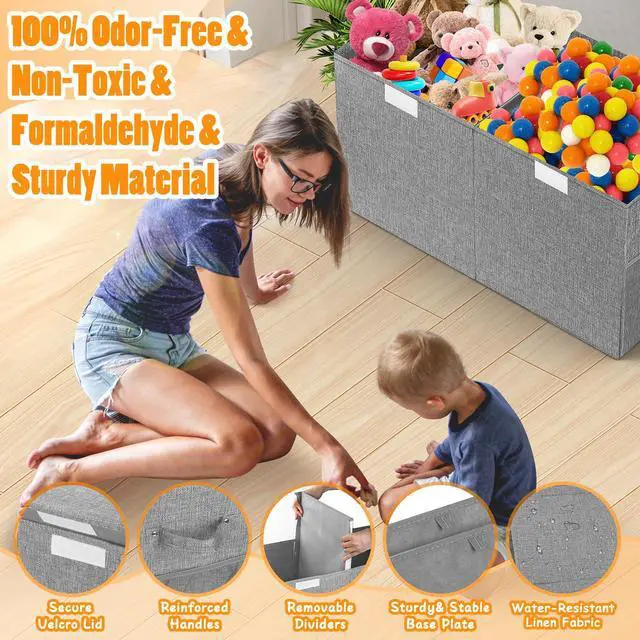 Alt view image 4 of 7 - Large Toy Storage Box with Lid & Dividers, Collapsible Kids Toy Chest, Gray | Toy Box for Boys, Girls, Nursery, Bedroom, Living Room, Playroom, 25 x 13 x 16 inches