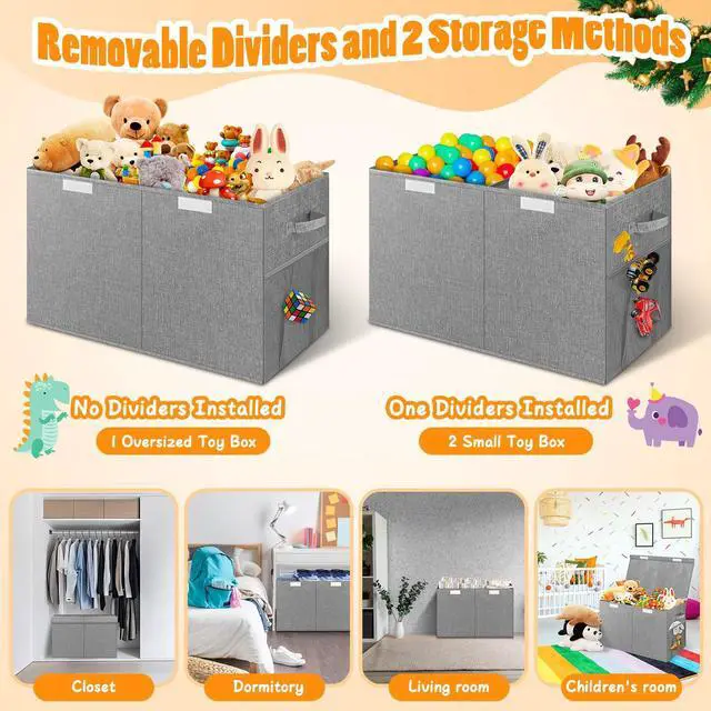Alt view image 6 of 7 - Large Toy Storage Box with Lid & Dividers, Collapsible Kids Toy Chest, Gray | Toy Box for Boys, Girls, Nursery, Bedroom, Living Room, Playroom, 25 x 13 x 16 inches