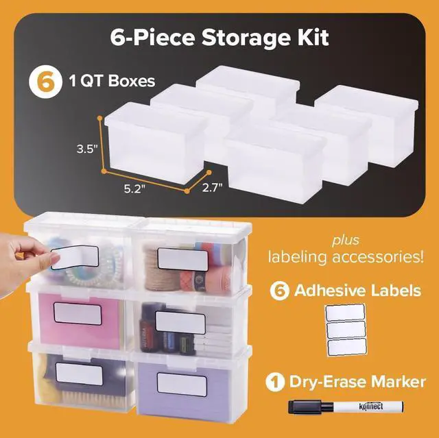 Alt view image 5 of 7 - Konnect Storage Containers with Lids, Office Organizer, Clear Plastic Box, Stackable for Index Cards, Labels, 1 Qt, 6 Pack