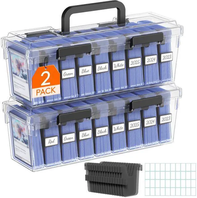 Main image of Trading Card Storage Box with Handle, Fit for Toploader, 2 Pcs | Stackable Reinforced Latch Case with 8 Adjustable Dividers, Writable Labels, Organizer for MTG TCG Sports Baseball Bulk Cards