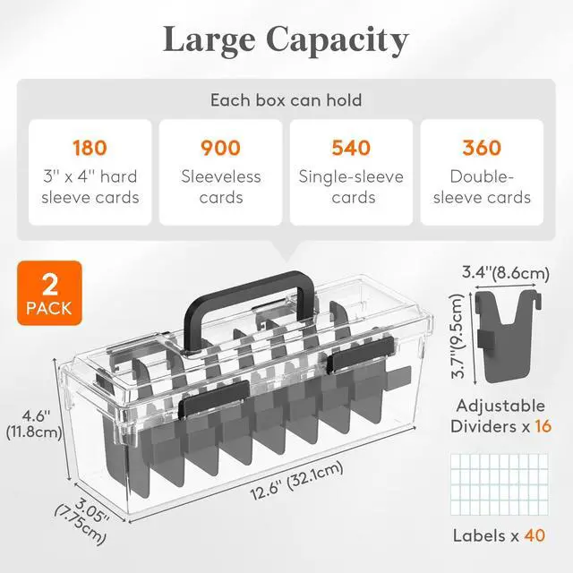 Alt view image 3 of 7 - Trading Card Storage Box with Handle, Fit for Toploader, 2 Pcs | Stackable Reinforced Latch Case with 8 Adjustable Dividers, Writable Labels, Organizer for MTG TCG Sports Baseball Bulk Cards