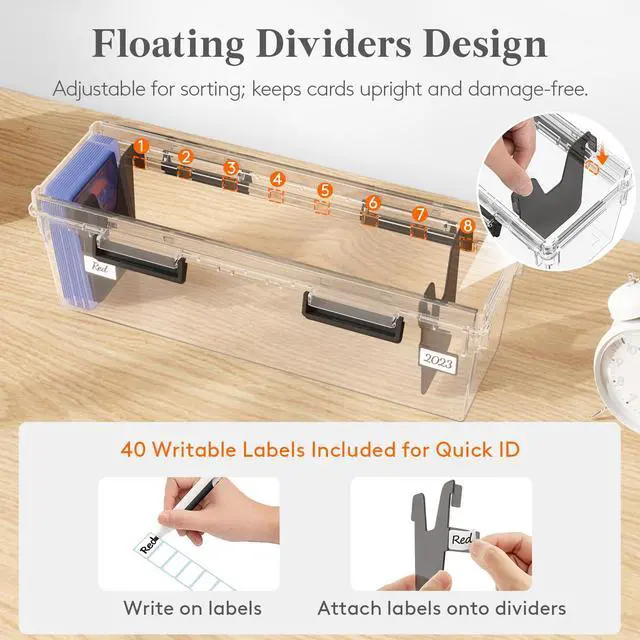 Alt view image 5 of 7 - Trading Card Storage Box with Handle, Fit for Toploader, 2 Pcs | Stackable Reinforced Latch Case with 8 Adjustable Dividers, Writable Labels, Organizer for MTG TCG Sports Baseball Bulk Cards