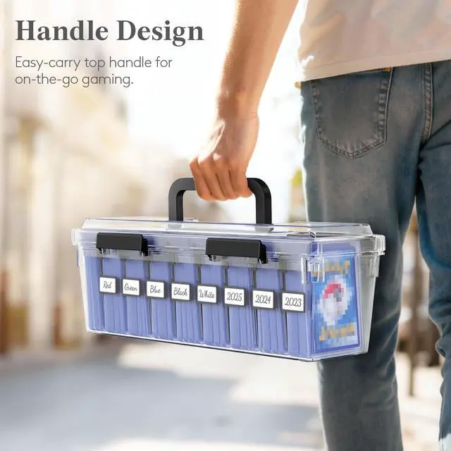 Alt view image 7 of 7 - Trading Card Storage Box with Handle, Fit for Toploader, 2 Pcs | Stackable Reinforced Latch Case with 8 Adjustable Dividers, Writable Labels, Organizer for MTG TCG Sports Baseball Bulk Cards