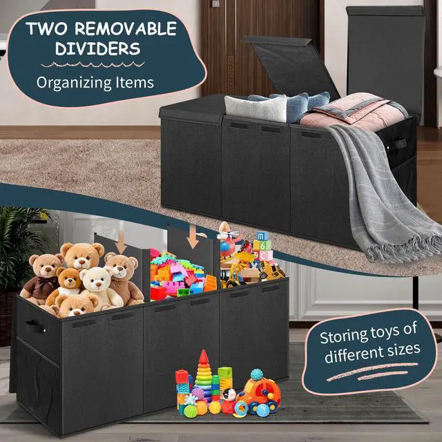 Alt view image 3 of 7 - Extra Large Toy Box with Lids, Collapsible Storage Bin, 38"x16"x14",Black | Sturdy Chest Basket with Dividers for Boys & Girls, Bedroom Nursery Playroom Organization