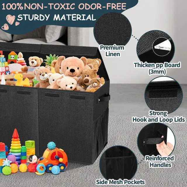 Alt view image 4 of 7 - Extra Large Toy Box with Lids, Collapsible Storage Bin, 38"x16"x14",Black | Sturdy Chest Basket with Dividers for Boys & Girls, Bedroom Nursery Playroom Organization