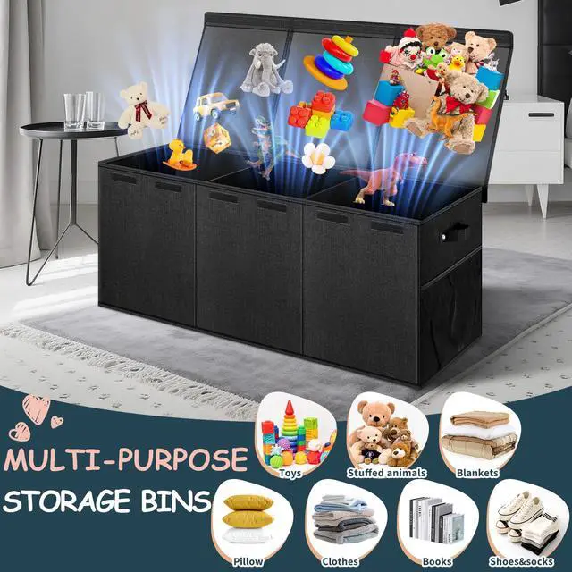 Alt view image 5 of 7 - Extra Large Toy Box with Lids, Collapsible Storage Bin, 38"x16"x14",Black | Sturdy Chest Basket with Dividers for Boys & Girls, Bedroom Nursery Playroom Organization