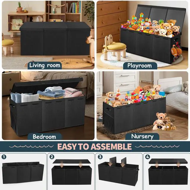 Alt view image 6 of 7 - Extra Large Toy Box with Lids, Collapsible Storage Bin, 38"x16"x14",Black | Sturdy Chest Basket with Dividers for Boys & Girls, Bedroom Nursery Playroom Organization