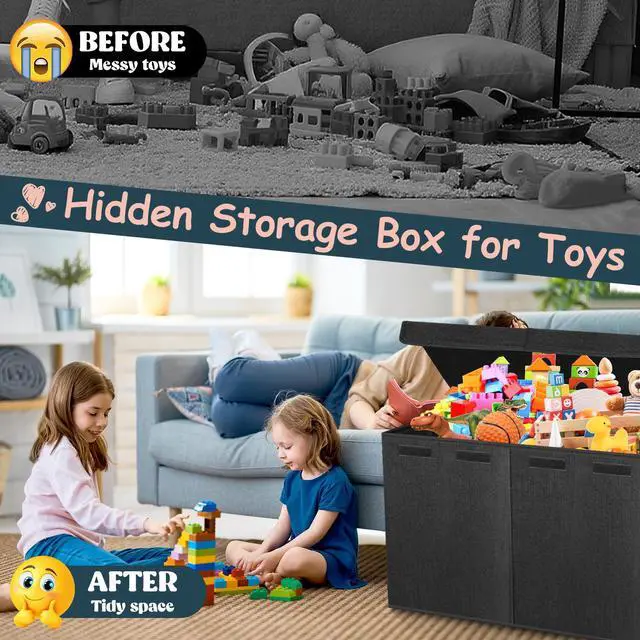 Alt view image 7 of 7 - Extra Large Toy Box with Lids, Collapsible Storage Bin, 38"x16"x14",Black | Sturdy Chest Basket with Dividers for Boys & Girls, Bedroom Nursery Playroom Organization