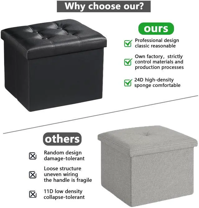 Alt view image 3 of 7 - Ottoman with Storage,17" Folding Leather Foot Rest Chest,Black | Storage Ottoman Foot Rest Stool,Thickened Foam Cushion,Living Room,Bedroom,Dorm,Load 300 lbs,Easy to install,17x13x13in