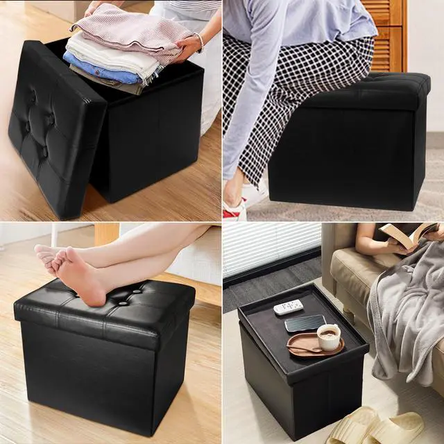 Alt view image 4 of 7 - Ottoman with Storage,17" Folding Leather Foot Rest Chest,Black | Storage Ottoman Foot Rest Stool,Thickened Foam Cushion,Living Room,Bedroom,Dorm,Load 300 lbs,Easy to install,17x13x13in