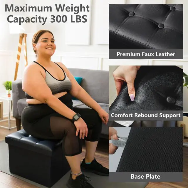 Alt view image 5 of 7 - Ottoman with Storage,17" Folding Leather Foot Rest Chest,Black | Storage Ottoman Foot Rest Stool,Thickened Foam Cushion,Living Room,Bedroom,Dorm,Load 300 lbs,Easy to install,17x13x13in