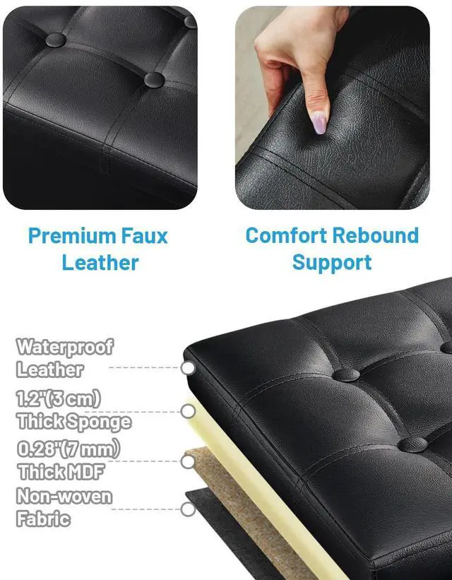 Alt view image 6 of 7 - Ottoman with Storage,17" Folding Leather Foot Rest Chest,Black | Storage Ottoman Foot Rest Stool,Thickened Foam Cushion,Living Room,Bedroom,Dorm,Load 300 lbs,Easy to install,17x13x13in