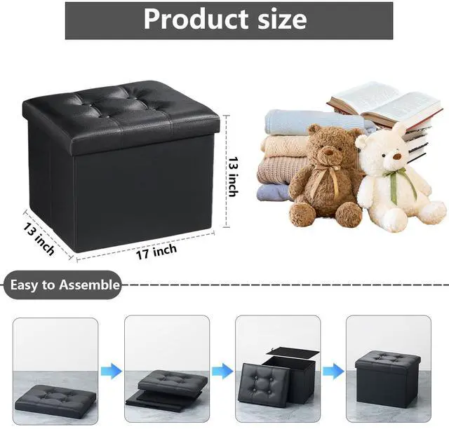 Alt view image 7 of 7 - Ottoman with Storage,17" Folding Leather Foot Rest Chest,Black | Storage Ottoman Foot Rest Stool,Thickened Foam Cushion,Living Room,Bedroom,Dorm,Load 300 lbs,Easy to install,17x13x13in
