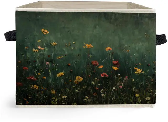 Main image of Dark Green Wildflower Storage Box Bins, Dark Cottagecore Floral Botanical Collapsible Storage Basket Organizer for Bedroom Laundry Room Home Clothes Books, Decor for Room