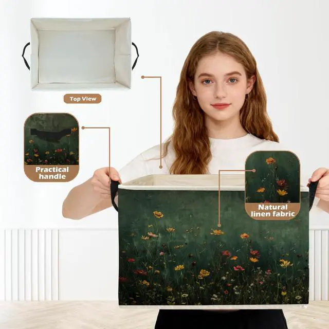 Alt view image 2 of 6 - Dark Green Wildflower Storage Box Bins, Dark Cottagecore Floral Botanical Collapsible Storage Basket Organizer for Bedroom Laundry Room Home Clothes Books, Decor for Room