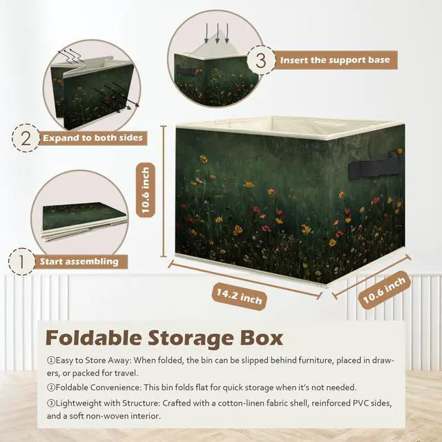Alt view image 3 of 6 - Dark Green Wildflower Storage Box Bins, Dark Cottagecore Floral Botanical Collapsible Storage Basket Organizer for Bedroom Laundry Room Home Clothes Books, Decor for Room