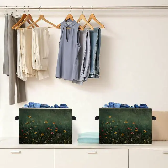 Alt view image 4 of 6 - Dark Green Wildflower Storage Box Bins, Dark Cottagecore Floral Botanical Collapsible Storage Basket Organizer for Bedroom Laundry Room Home Clothes Books, Decor for Room