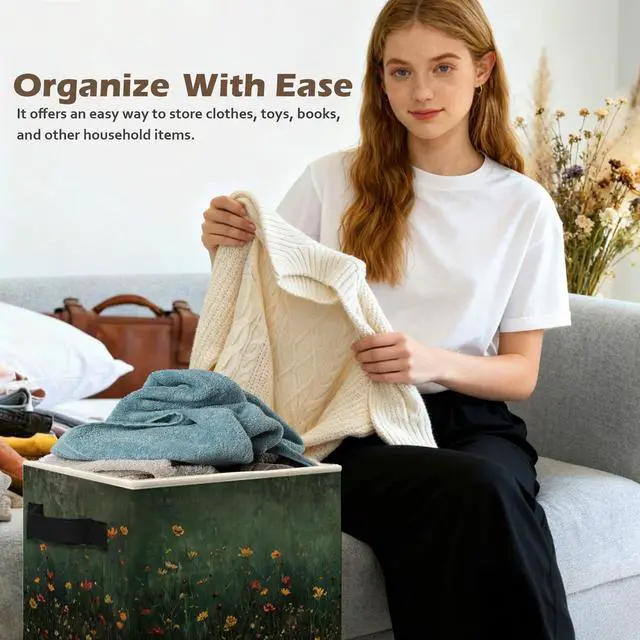 Alt view image 5 of 6 - Dark Green Wildflower Storage Box Bins, Dark Cottagecore Floral Botanical Collapsible Storage Basket Organizer for Bedroom Laundry Room Home Clothes Books, Decor for Room