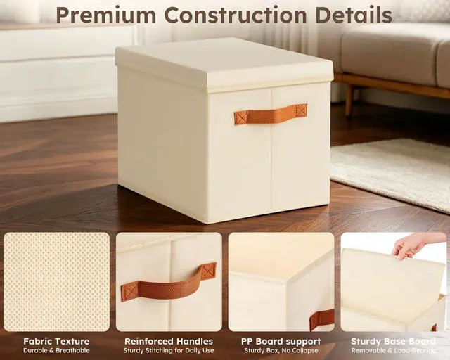 Alt view image 6 of 7 - Storage Bins with Lids - Fabric Storage Baskets for Shelves, 4 Pack Foldable Decorative Boxes with Handles, Stackable Organizer Bins for Home, Nursery, Dorm, Beige