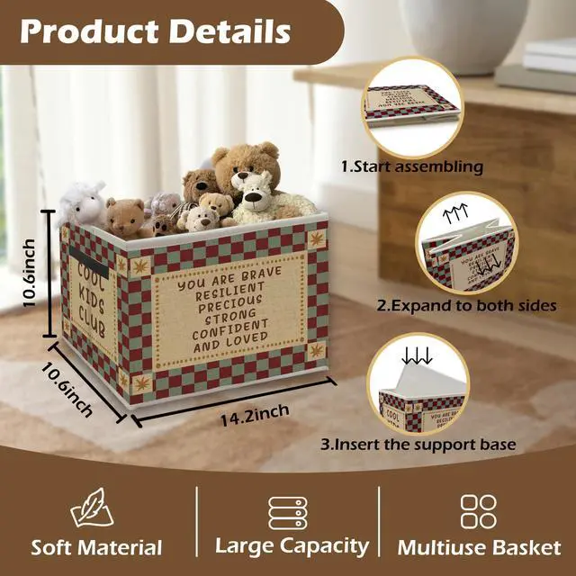 Alt view image 2 of 6 - Inspirational Checkered Storage Bin Box with Handles | Retro Red and Blue Plaid Foldable Organizer Basket for Playroom Bedroom Bathroom Home Clothes Toys Books