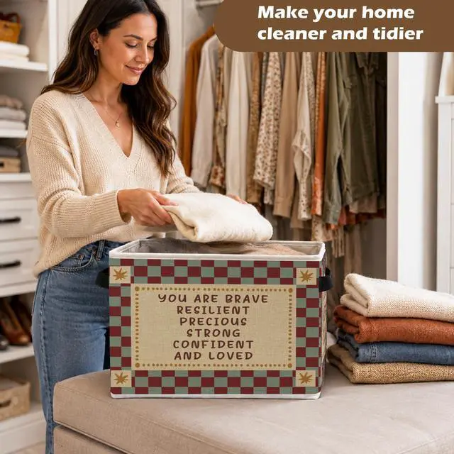 Alt view image 4 of 6 - Inspirational Checkered Storage Bin Box with Handles | Retro Red and Blue Plaid Foldable Organizer Basket for Playroom Bedroom Bathroom Home Clothes Toys Books