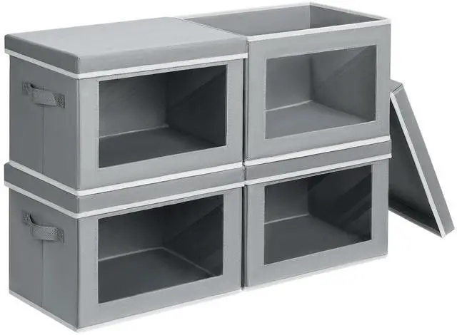 Main image of Storage Bins with Lids - Fabric Closet Storage Bins with Window, Collapsible Baskets for Shelves 4 Pack, Home Decorative Boxes for Clothes, Closet, Office, Grey