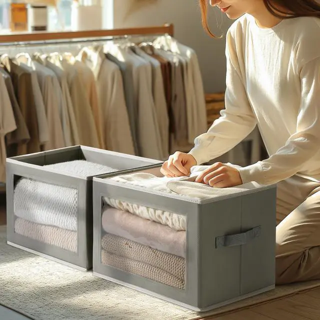 Alt view image 3 of 7 - Storage Bins with Lids - Fabric Closet Storage Bins with Window, Collapsible Baskets for Shelves 4 Pack, Home Decorative Boxes for Clothes, Closet, Office, Grey