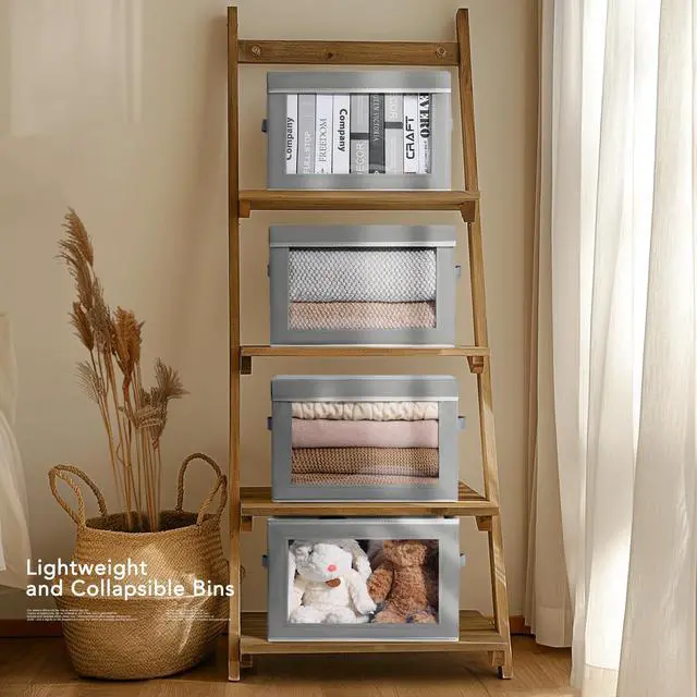 Alt view image 5 of 7 - Storage Bins with Lids - Fabric Closet Storage Bins with Window, Collapsible Baskets for Shelves 4 Pack, Home Decorative Boxes for Clothes, Closet, Office, Grey