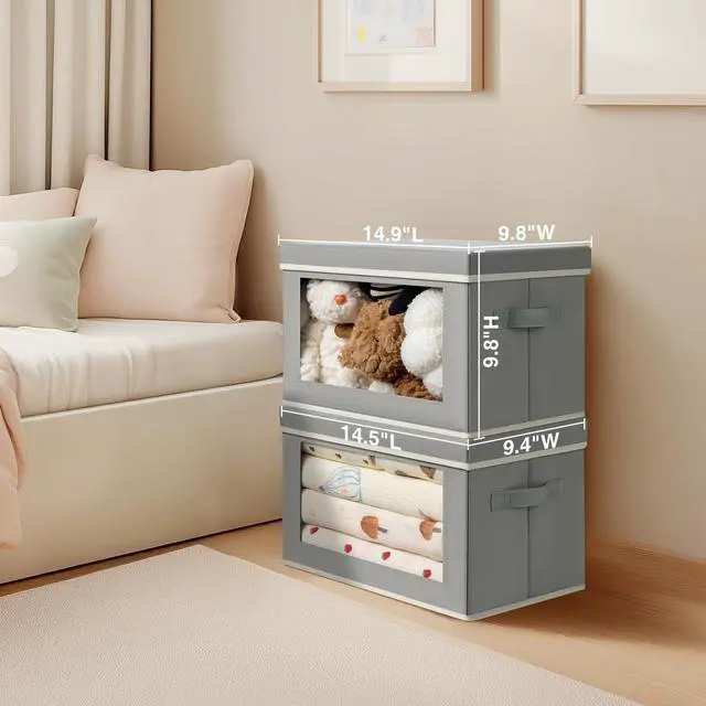 Alt view image 6 of 7 - Storage Bins with Lids - Fabric Closet Storage Bins with Window, Collapsible Baskets for Shelves 4 Pack, Home Decorative Boxes for Clothes, Closet, Office, Grey