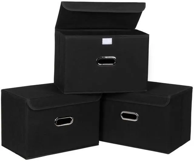 Main image of Fabric Foldable Collapsible Storage Cube Bin Organizer Basket with Lid, Handles, Removable Divider for Home, Closet (Black, 3Pcs)
