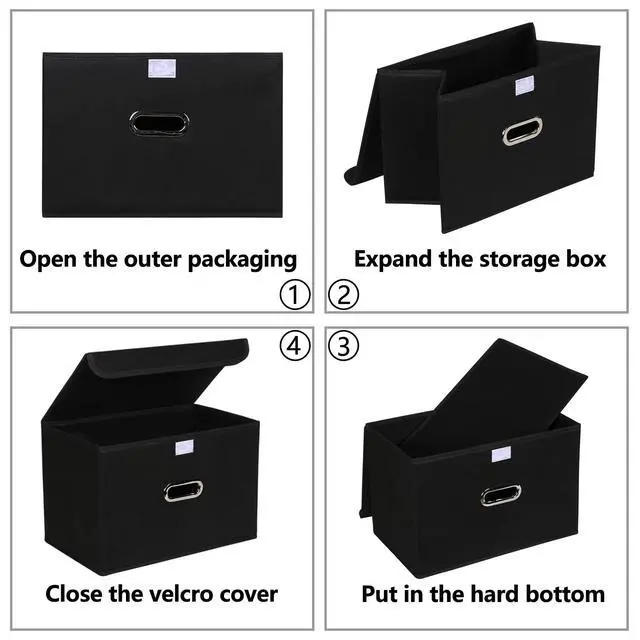 Alt view image 4 of 7 - Fabric Foldable Collapsible Storage Cube Bin Organizer Basket with Lid, Handles, Removable Divider for Home, Closet (Black, 3Pcs)