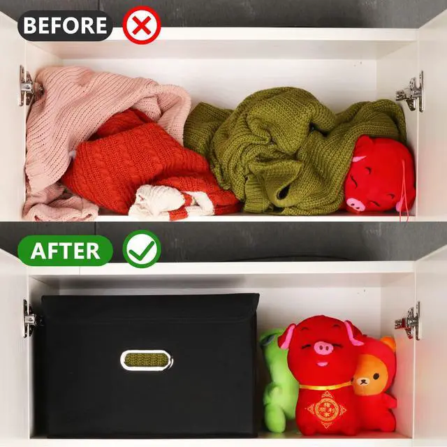 Alt view image 6 of 7 - Fabric Foldable Collapsible Storage Cube Bin Organizer Basket with Lid, Handles, Removable Divider for Home, Closet (Black, 3Pcs)