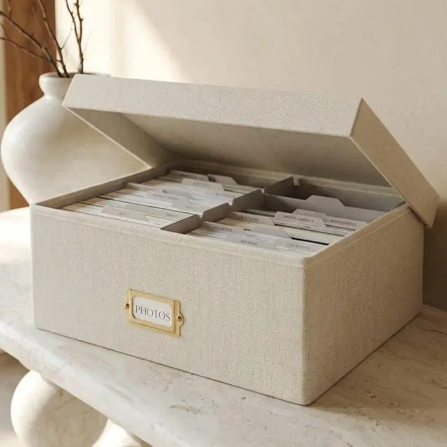Main image of Decorative Photo Storage Box - Sturdy Linen Organizer Holds 1700 Photos | Organizer with Dividers Stores Up to 1700 4x6 Pictures - Portable Scrapbook Storage Containers with Lid