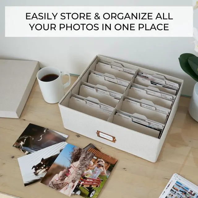 Alt view image 2 of 7 - Decorative Photo Storage Box - Sturdy Linen Organizer Holds 1700 Photos | Organizer with Dividers Stores Up to 1700 4x6 Pictures - Portable Scrapbook Storage Containers with Lid