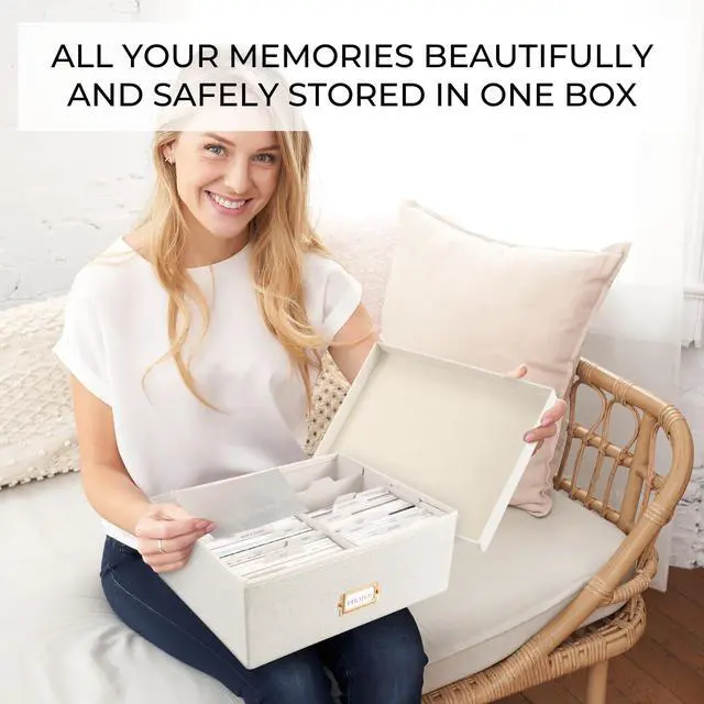 Alt view image 3 of 7 - Decorative Photo Storage Box - Sturdy Linen Organizer Holds 1700 Photos | Organizer with Dividers Stores Up to 1700 4x6 Pictures - Portable Scrapbook Storage Containers with Lid