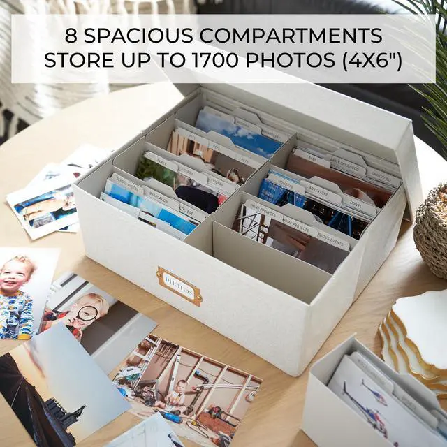 Alt view image 5 of 7 - Decorative Photo Storage Box - Sturdy Linen Organizer Holds 1700 Photos | Organizer with Dividers Stores Up to 1700 4x6 Pictures - Portable Scrapbook Storage Containers with Lid