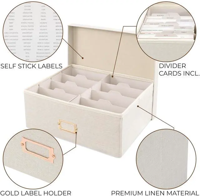 Alt view image 6 of 7 - Decorative Photo Storage Box - Sturdy Linen Organizer Holds 1700 Photos | Organizer with Dividers Stores Up to 1700 4x6 Pictures - Portable Scrapbook Storage Containers with Lid