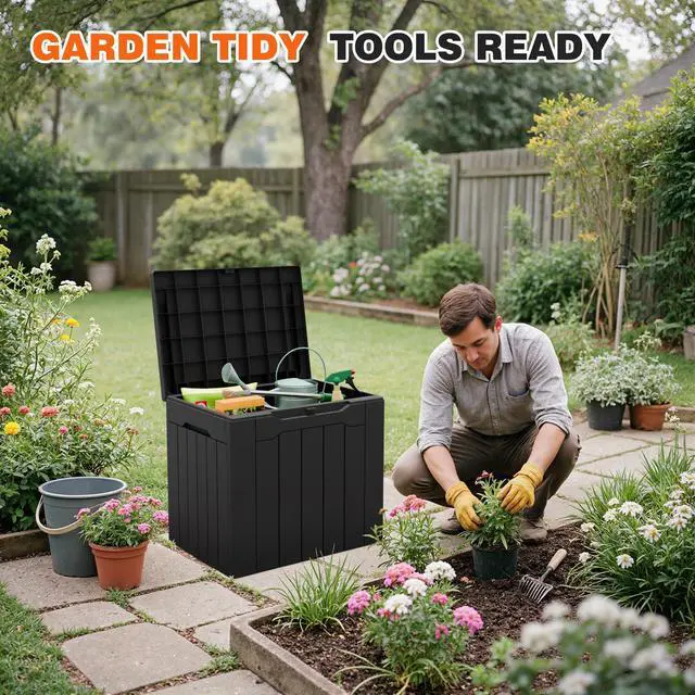 Alt view image 3 of 7 - 32 Gallon Deck Box Outdoor Indoor Waterproof Storage Box for Patio Furniture, Pool Accessories, Garden Tools, and Cushion Storage, Black