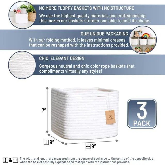 Alt view image 2 of 7 - Storage Cubes 9x9x7Cotton Rope Woven Baskets for Organizing 3-Pack | 9 Inch Cube Storage Bin | Small Basket for Shelf Nursery, Pantry, Decorative Plant, Bathroom Closet, Toy Gift