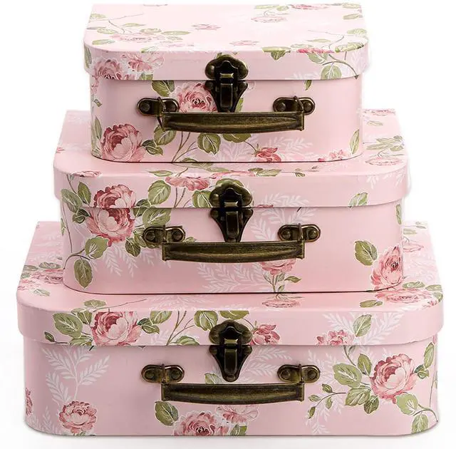 Main image of 3 Pack Paperboard Suitcases Storage Box Decorative Storage Boxes Gift Boxes With Lids for Photo Storage Home Decoration, Wedding, Birthday, Anniversary, Pink