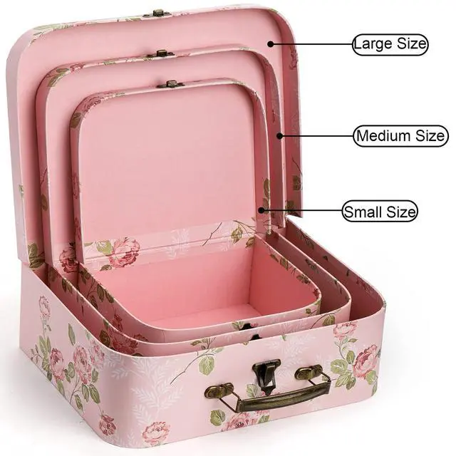 Alt view image 3 of 7 - 3 Pack Paperboard Suitcases Storage Box Decorative Storage Boxes Gift Boxes With Lids for Photo Storage Home Decoration, Wedding, Birthday, Anniversary, Pink