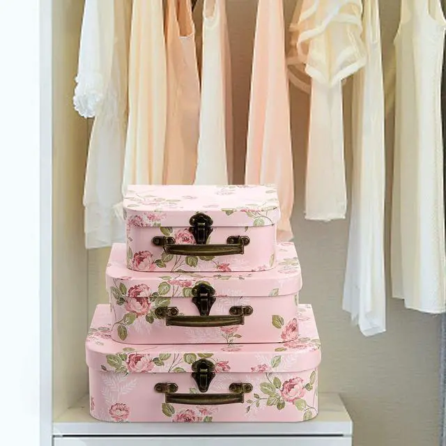 Alt view image 6 of 7 - 3 Pack Paperboard Suitcases Storage Box Decorative Storage Boxes Gift Boxes With Lids for Photo Storage Home Decoration, Wedding, Birthday, Anniversary, Pink