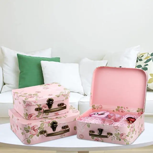 Alt view image 7 of 7 - 3 Pack Paperboard Suitcases Storage Box Decorative Storage Boxes Gift Boxes With Lids for Photo Storage Home Decoration, Wedding, Birthday, Anniversary, Pink