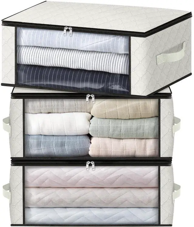 Main image of 3-Pack Clothes Organizer Storage Bags, 35L Storage Bins, White | Foldable Storage Box Container with Zippers, Clear Window, Reinforced Handles for Closet, Dorm, Pillows, Bedding, Sweater