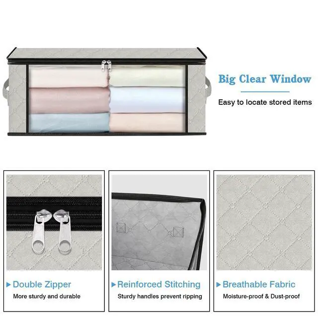 Alt view image 4 of 7 - 3-Pack Clothes Organizer Storage Bags, 35L Storage Bins, White | Foldable Storage Box Container with Zippers, Clear Window, Reinforced Handles for Closet, Dorm, Pillows, Bedding, Sweater