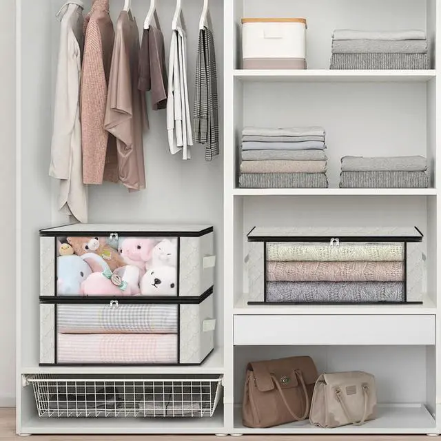 Alt view image 6 of 7 - 3-Pack Clothes Organizer Storage Bags, 35L Storage Bins, White | Foldable Storage Box Container with Zippers, Clear Window, Reinforced Handles for Closet, Dorm, Pillows, Bedding, Sweater