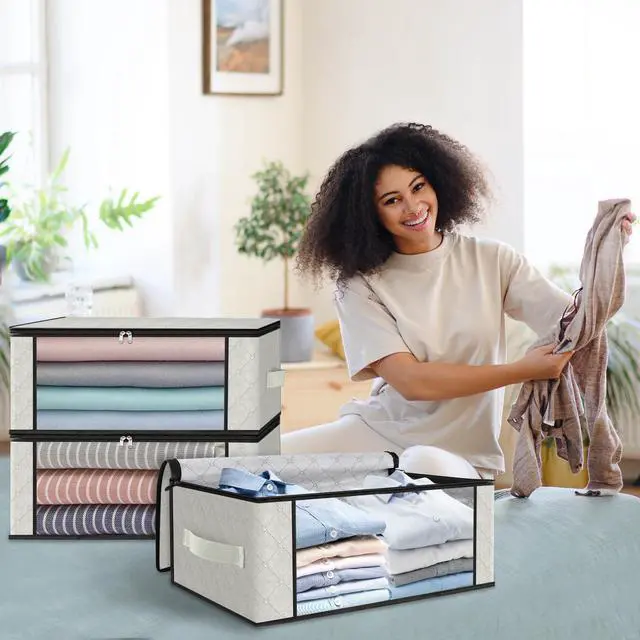 Alt view image 7 of 7 - 3-Pack Clothes Organizer Storage Bags, 35L Storage Bins, White | Foldable Storage Box Container with Zippers, Clear Window, Reinforced Handles for Closet, Dorm, Pillows, Bedding, Sweater