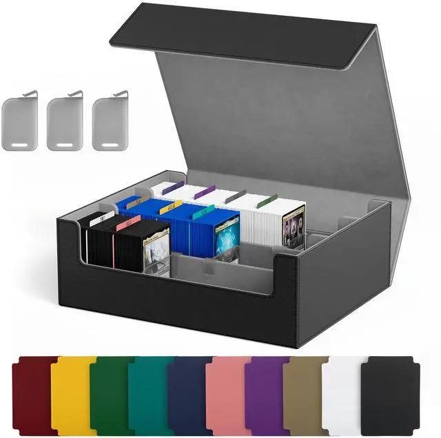 Main image of Trading Card Storage Box for 1800+ Sleeved Cards, Bulk Card Storage | Magnetic Closure PU Leather Card Organizer with 10 Dividers & 3 Stoppers for MTG, PTCG, TCG, Sports Cards (Black)